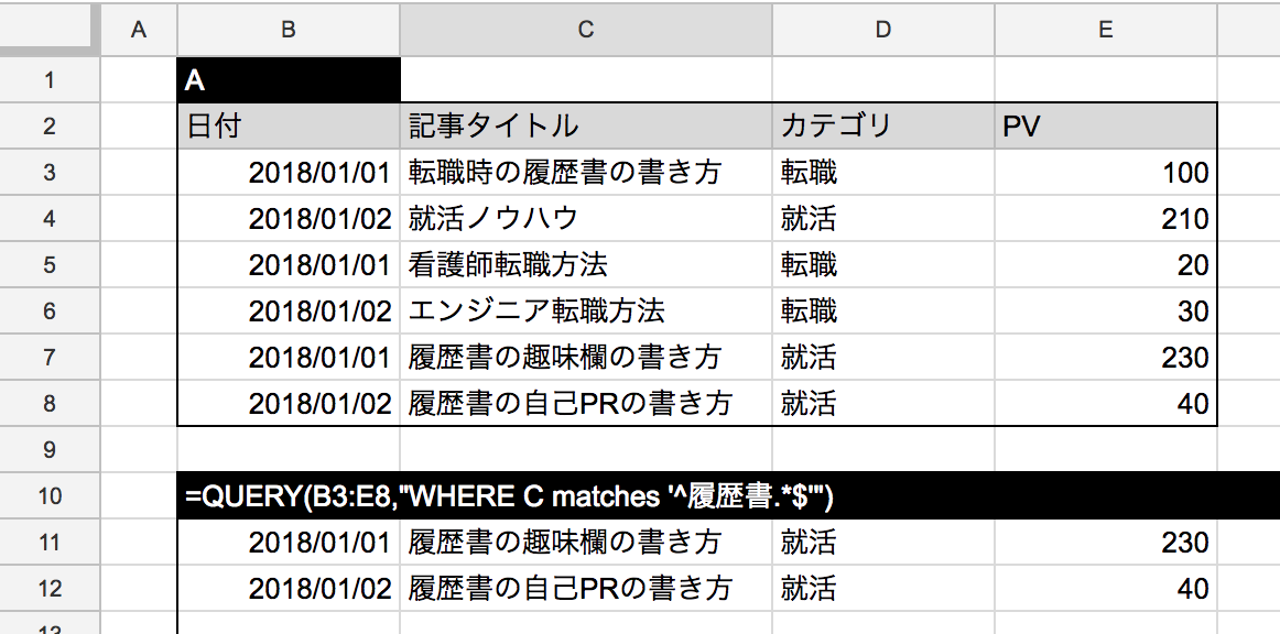スプレッドシート Query関数のmatchesの使い方 正規表現 スプレッドシートの使い方はwebマーケ戦略会議