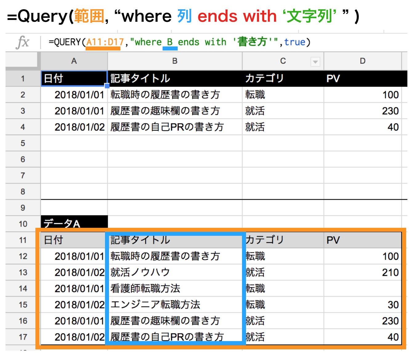 query関数でendswithの使い方